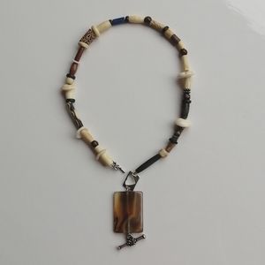 Vintage 925 St.Silver Agate Pendant Bone Wood Choker Handcrafted Necklace